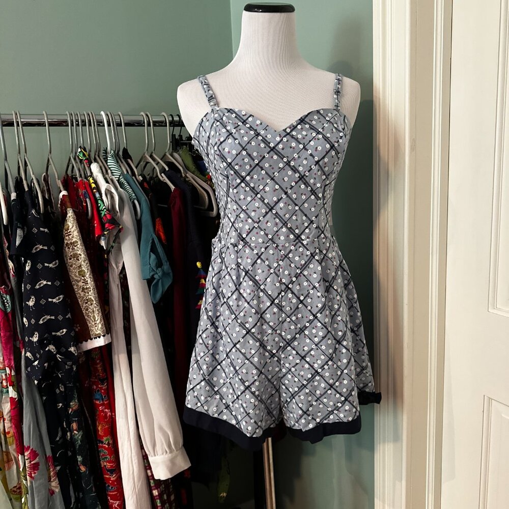 Unique Vintage Blue Plaid & Floral Romper  NWTs
